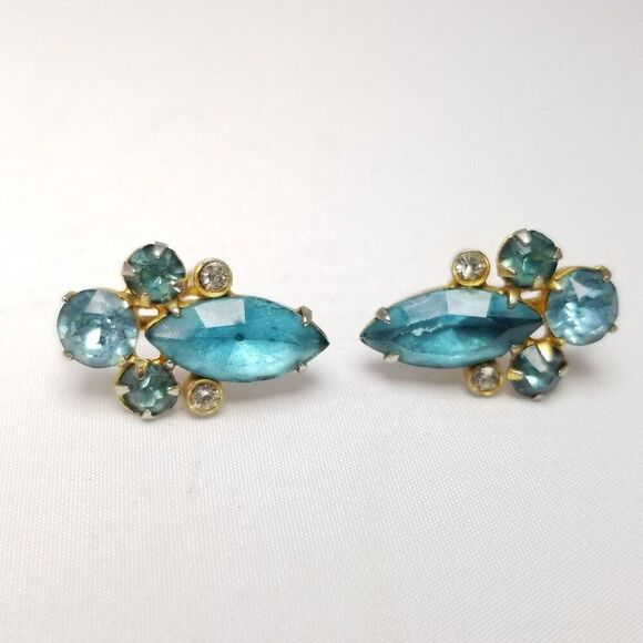 Vintage Blue Rhinestone Clip On Screw Back Earrings, Gold Tone Setting, Estate - Picture 2 of 6